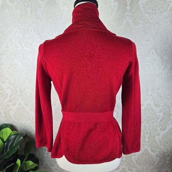 BCBGMaxAzria Size Medium Red 100% Merino Wool Sweater Cardigan Waist Tie Belt - Picture 5 of 11